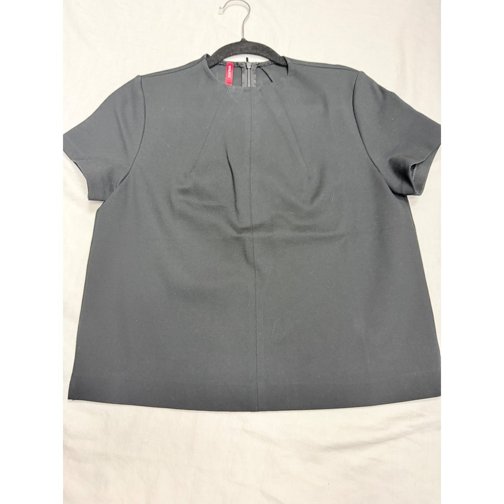 Spanx Womens Black Short Sleeve Ponte Blouse Top Small Crew Neck Back Zip